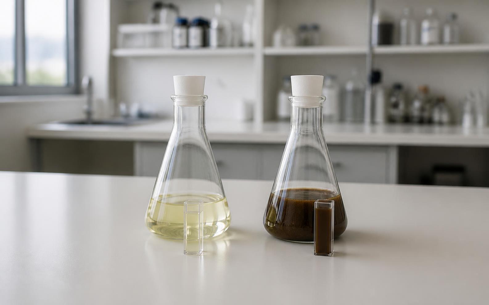 A clear broth and an opaque, particulate medium, each with a matching cuvette
